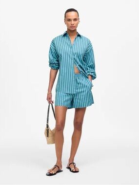 Madewell Summer Small Button-Up Shirt & pull on short set blue teal stripe - EUC